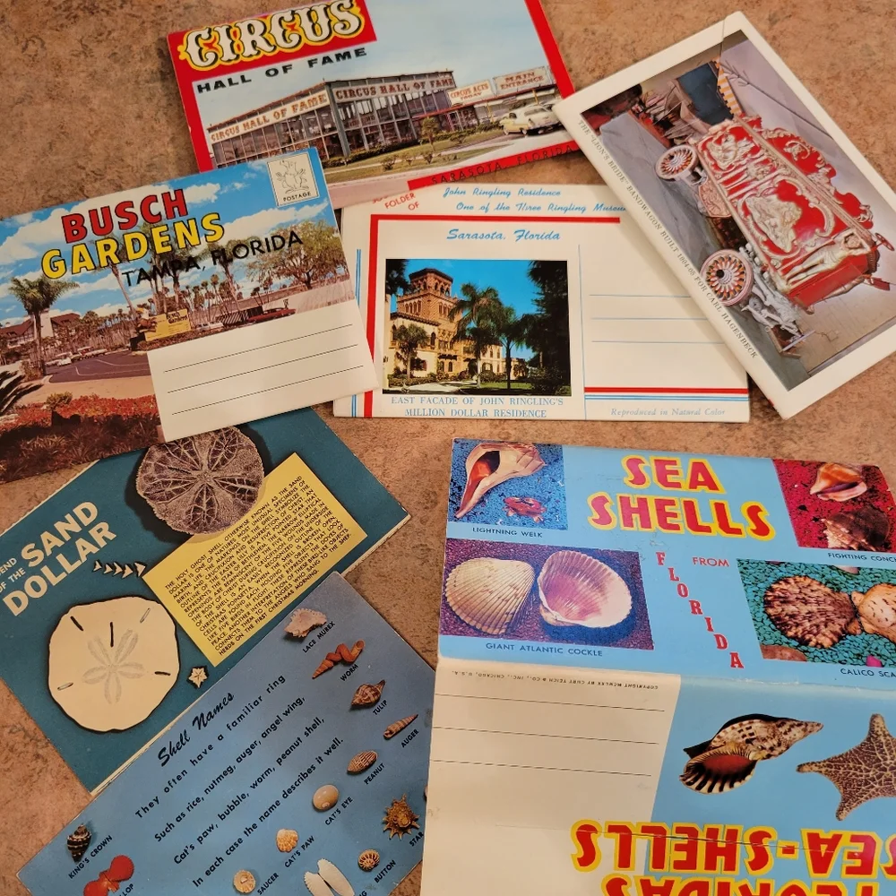 Vintage Postcard Booklets from Florida ~ Circus ~ Seashells ~ Retro!